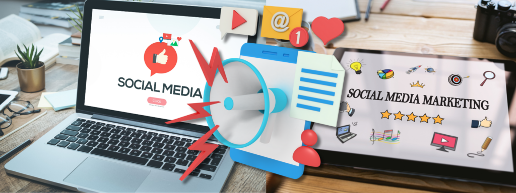 Illustration of social media icons and marketing tools representing Social Media Marketing strategies.